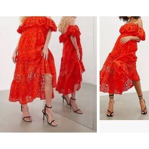 ASOS EDITION blouson off shoulder tiered eyelet midi dress in tomato red